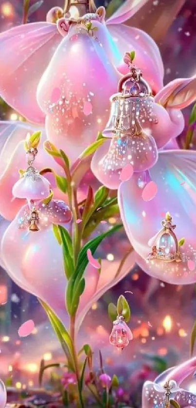 Fantasy pink flowers with glowing petals in an artistic, enchanted setting.