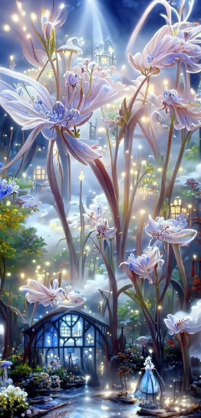 Fantasy wallpaper with glowing flowers and enchanted garden.