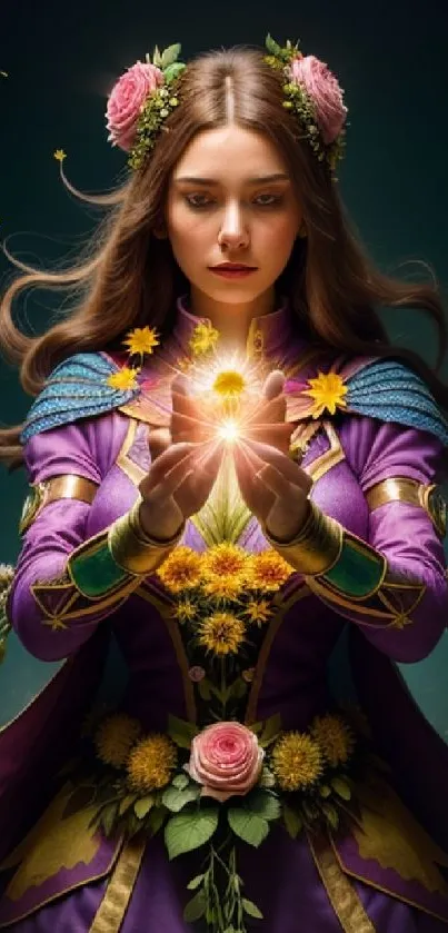 Enchanting woman in purple robes with flowers and magical glow.