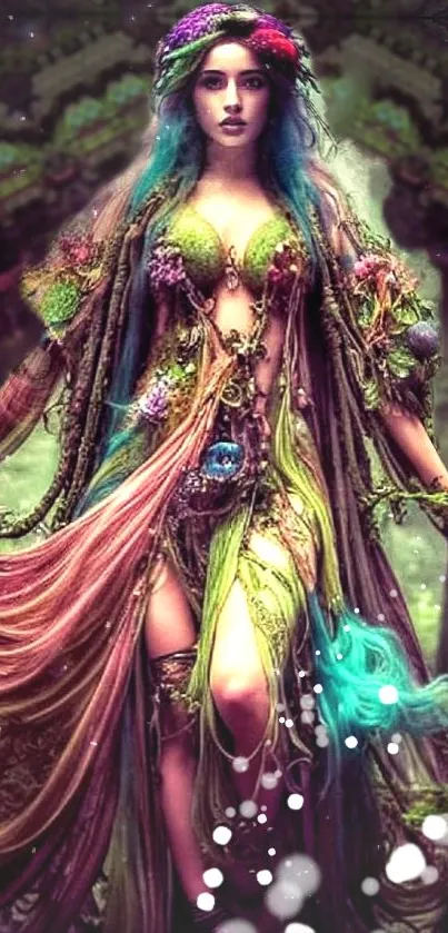 Fantasy forest goddess in vibrant colors, surrounded by a mystical aura.