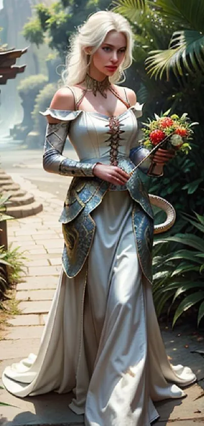 A woman in medieval attire walks a lush forest path.