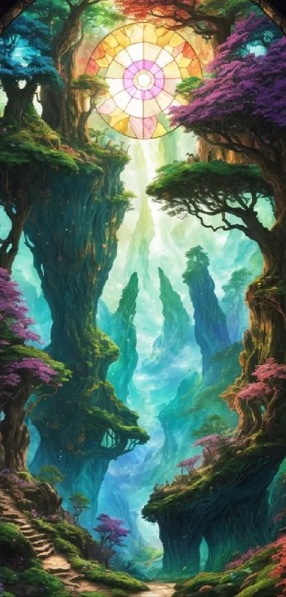 Enchanting fantasy forest path with vibrant, colorful trees and mystical scenery.