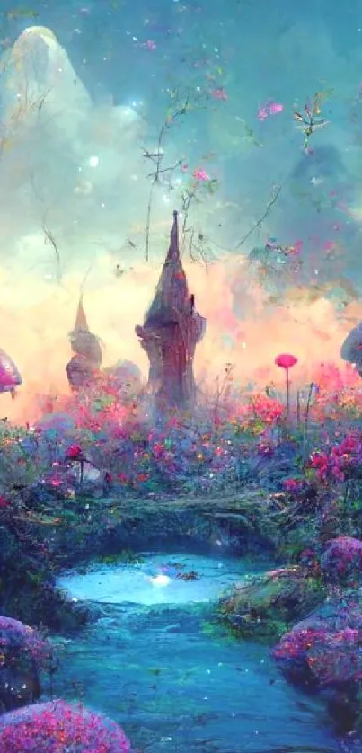 Mystical forest with glowing pink flora in a fantasy scene.