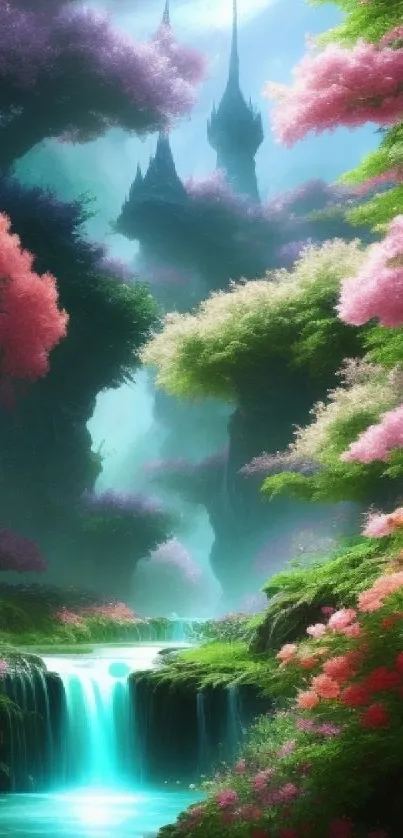 A magical forest with colorful trees and a distant castle.