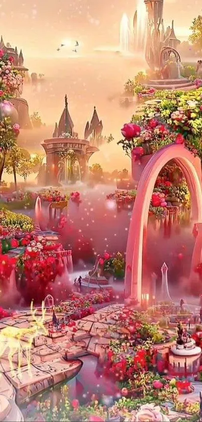 Enchanting fantasy garden with vibrant flowers and towers.