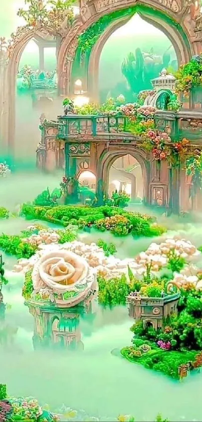 Fantasy garden with arches and flowers in vibrant colors.