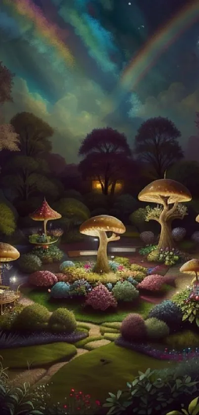 Enchanting garden with mushrooms at night under a starlit sky.