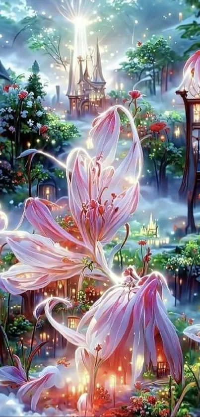 Enchanting fantasy garden with mystical flowers and glowing lanterns.