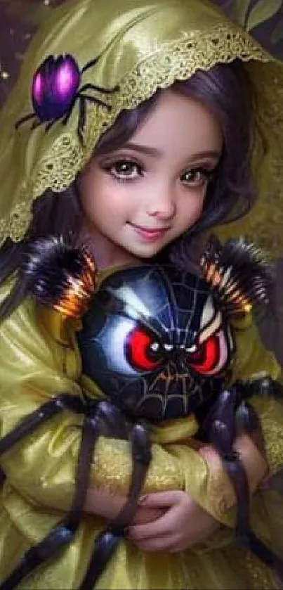 Fantasy girl in yellow hood with bug-eyed spider amidst green leaves.