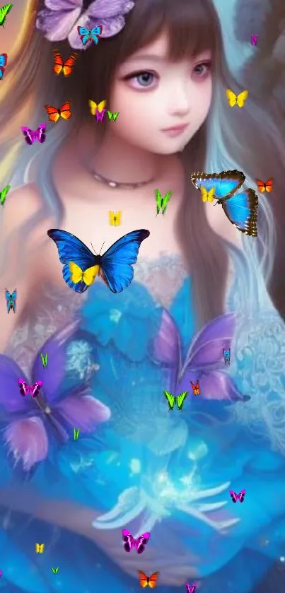 Fantasy girl with purple butterflies in a blue dress, enchanting scene.