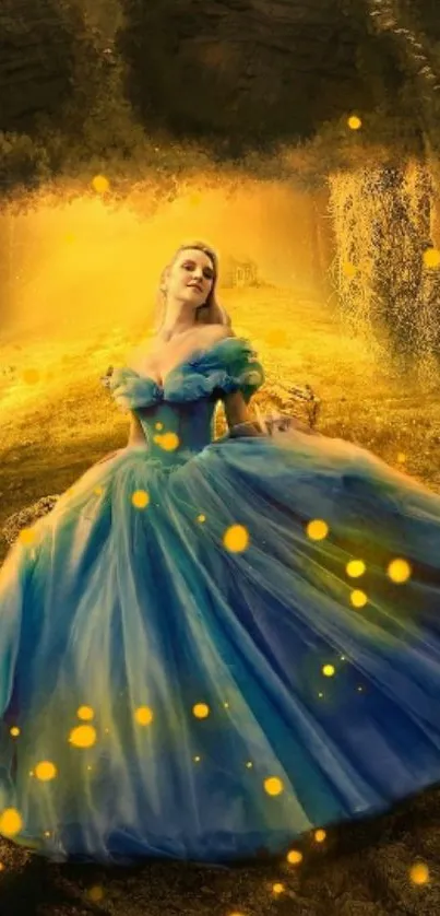 Fantasy scene with a woman in a glowing blue gown.