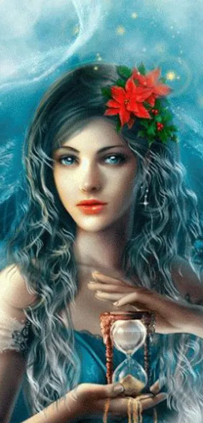 Mystical fantasy woman with hourglass and floral crown in vibrant colors.