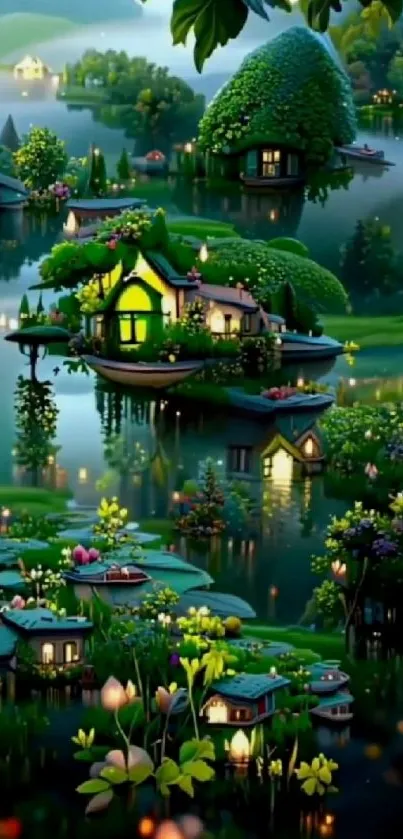 Fantasy lake scene with floating cottages and lush greenery.