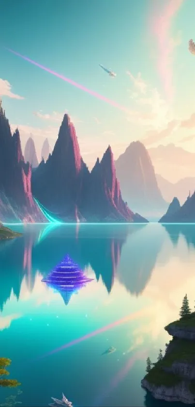 Fantasy landscape with a tranquil lake and towering mountains, vibrant colors.