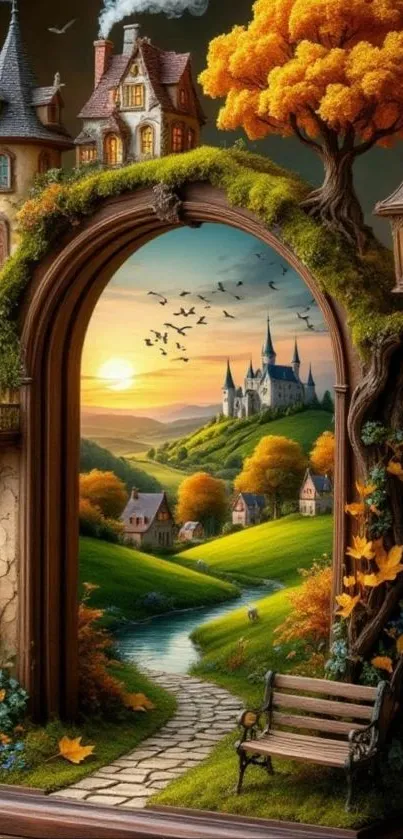 Enchanting fantasy landscape with castle and autumn scenery.
