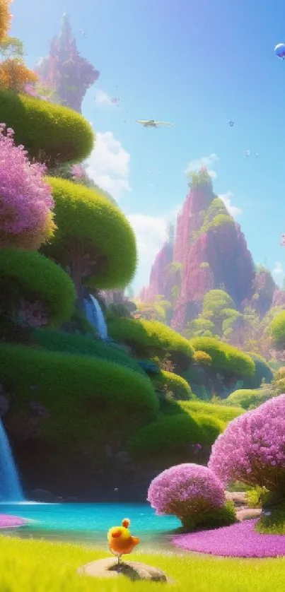 Vibrant fantasy landscape with pink trees and blue skies.