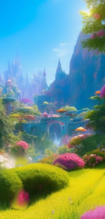 Enchanting fantasy landscape with a castle, lush greenery, and vibrant colors.