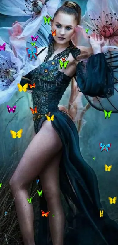 Mystical woman with floral wings in blue fantasy art.