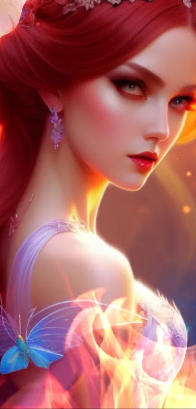 Mystical character with red hair in fiery, dreamy setting.