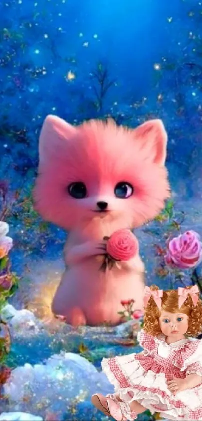 Cute pink fox with roses under a starry sky.