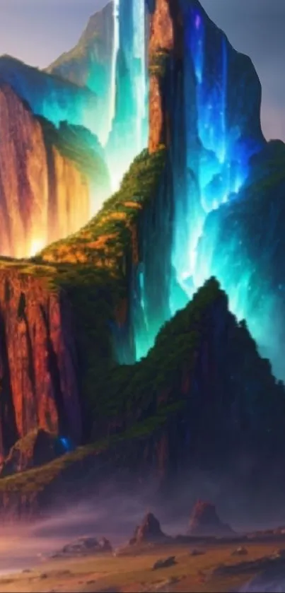 Enchanting illuminated mountain fantasy wallpaper for mobile.