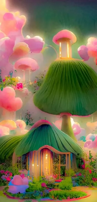 Fantasy mushroom house with pink clouds in a whimsical setting.