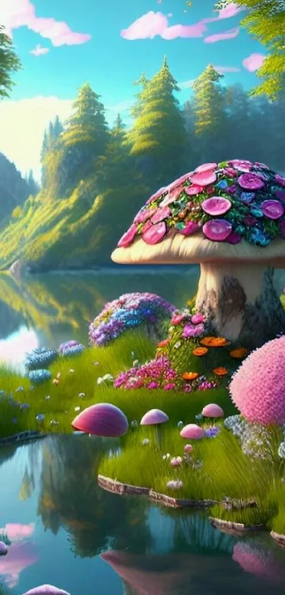 Whimsical landscape with vibrant mushrooms by a tranquil lake in a lush setting.