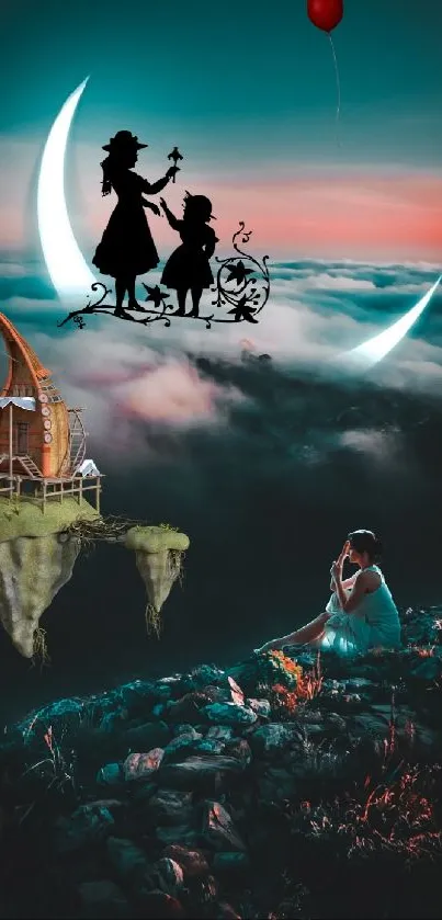 Surreal fantasy wallpaper with floating islands and a mystical night sky.