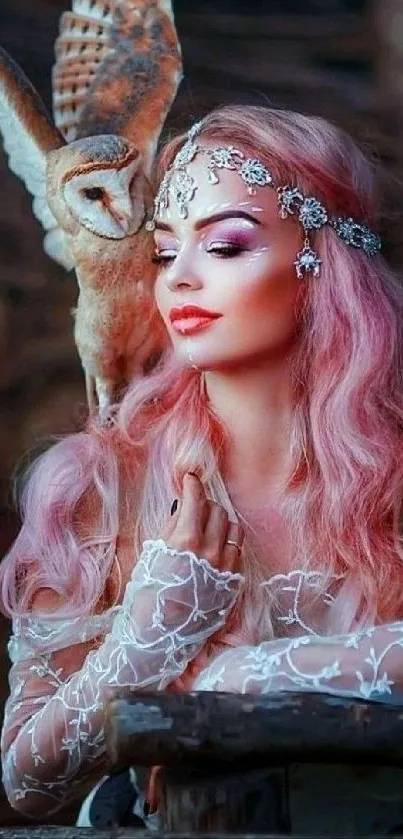 Mystical woman with pink hair and elegant owl in a magical setting.