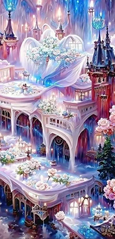 Enchanting fantasy palace with vibrant colors and floral decorations.