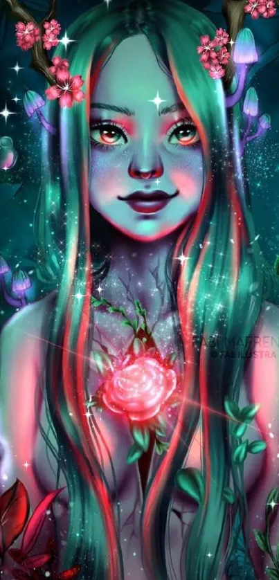 Fantasy wallpaper of a mystical woman with glowing flowers.