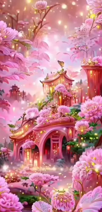 Fantasy landscape with pink blossoms and mystical architecture.