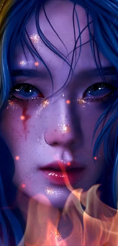 Mystical fantasy portrait with blue hair and golden accents for mobile wallpaper.