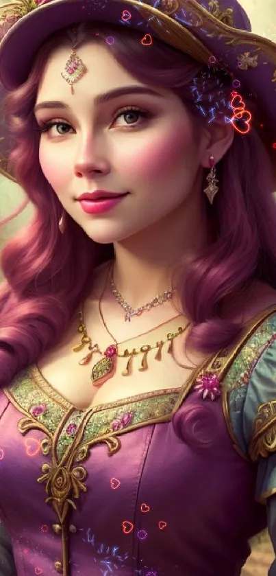 Fantasy character wallpaper with purple hat and dress.