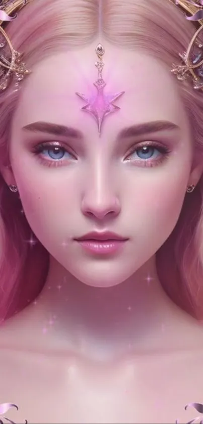 Enchanting fantasy portrait with pink hues and mystical elements.