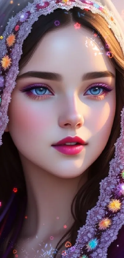 Fantasy portrait wallpaper with colorful details and purple hues.