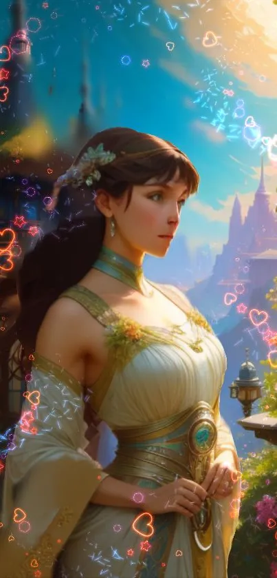 Enchanting fantasy princess in a vibrant, dreamy setting with colorful accents.