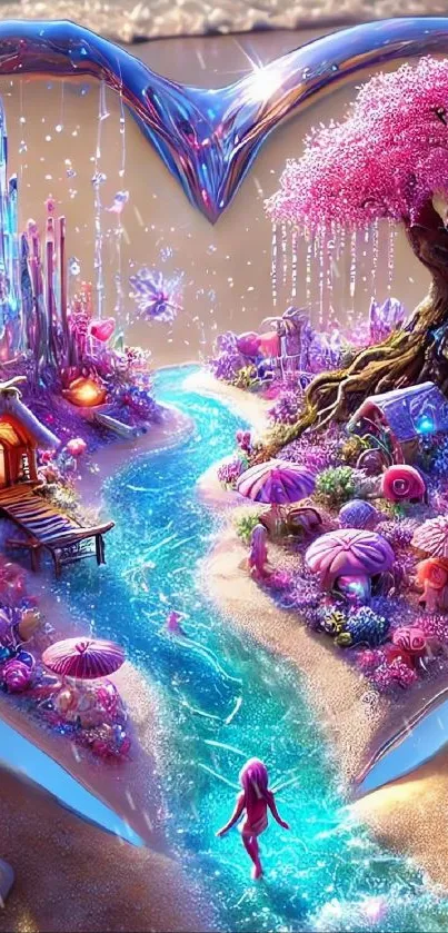 Fantasy world with river, tree, and crystals in a heart shape.