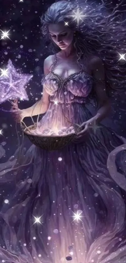 Fantasy wallpaper with a woman holding a glowing star in a purple starry night.