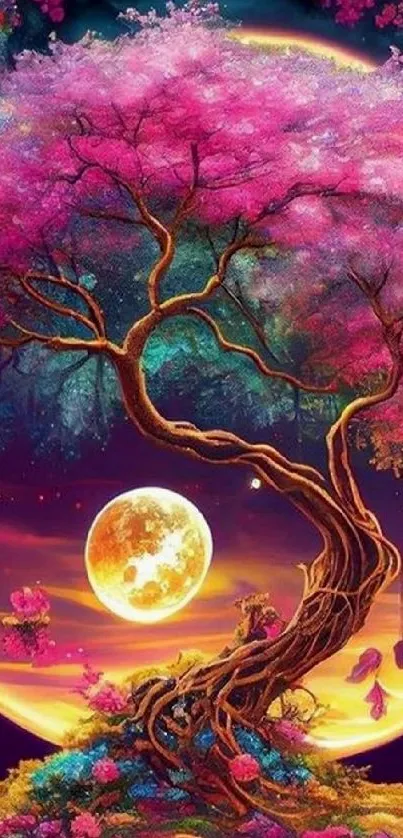 Fantasy tree with pink foliage and celestial background.