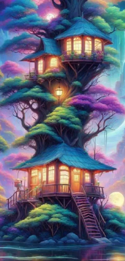 Magical treehouse in a colorful, mystical forest at night.