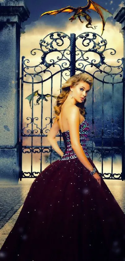 Elegant woman in burgundy gown by ornate gate under a mystical sky.