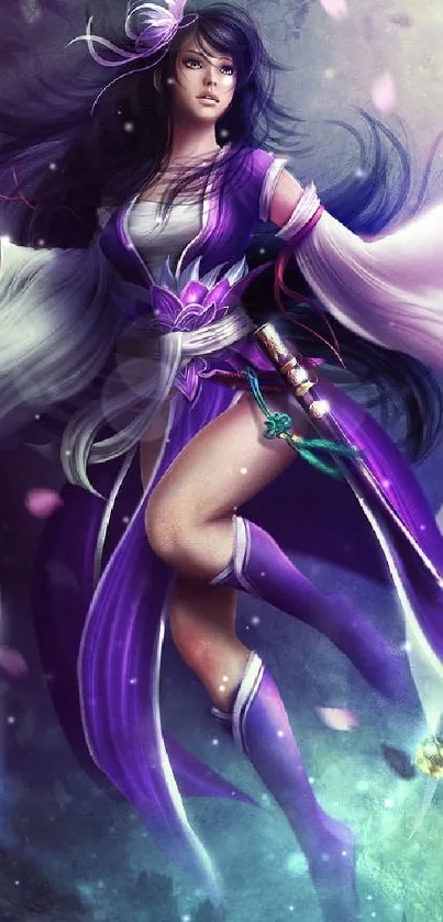 Enchanting female fantasy warrior with sword and flowing purple attire.