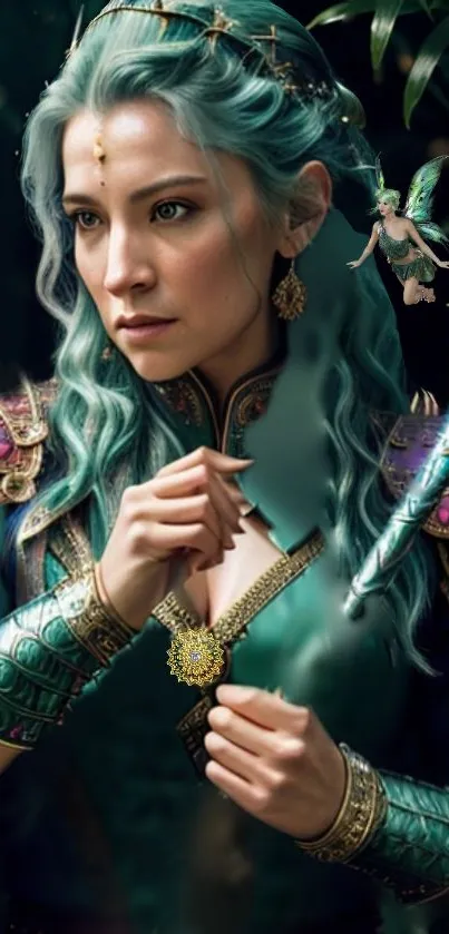 Mystical fantasy warrior woman with teal hair in ornate armor.