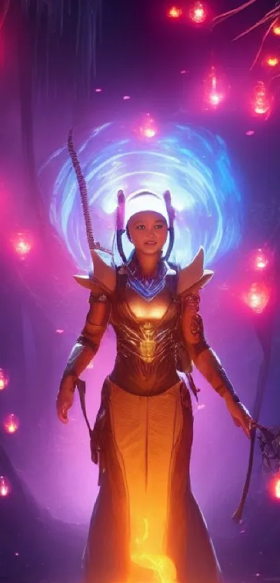 Fantasy warrior stands amidst glowing magical forest.