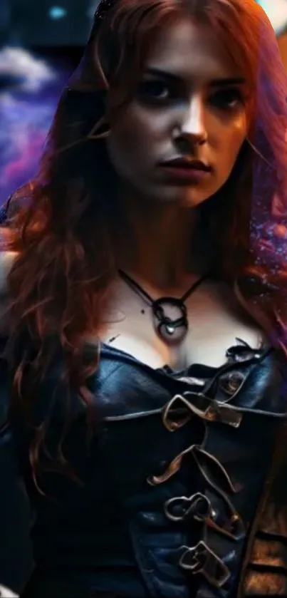 Red-haired fantasy warrior woman in leather with cosmic backdrop.