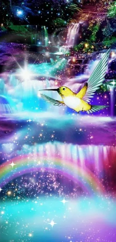 Vibrant fantasy waterfall with hummingbird.