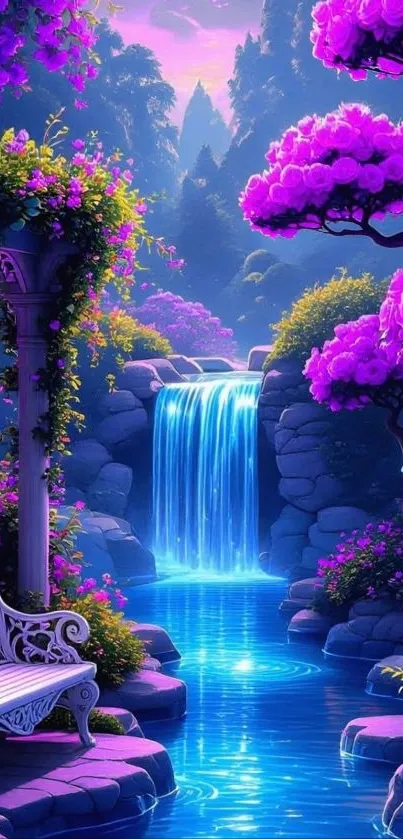 Fantasy waterfall with purple trees and vibrant foliage in a mystical setting.