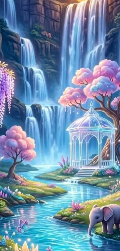 Enchanting fantasy scene with waterfalls, vibrant trees, and a peaceful elephant.