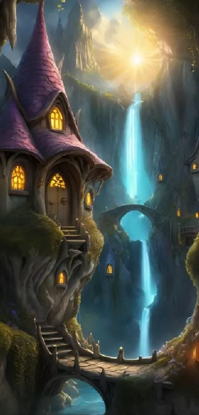 Magical fantasy wallpaper with waterfall and enchanted cottages.